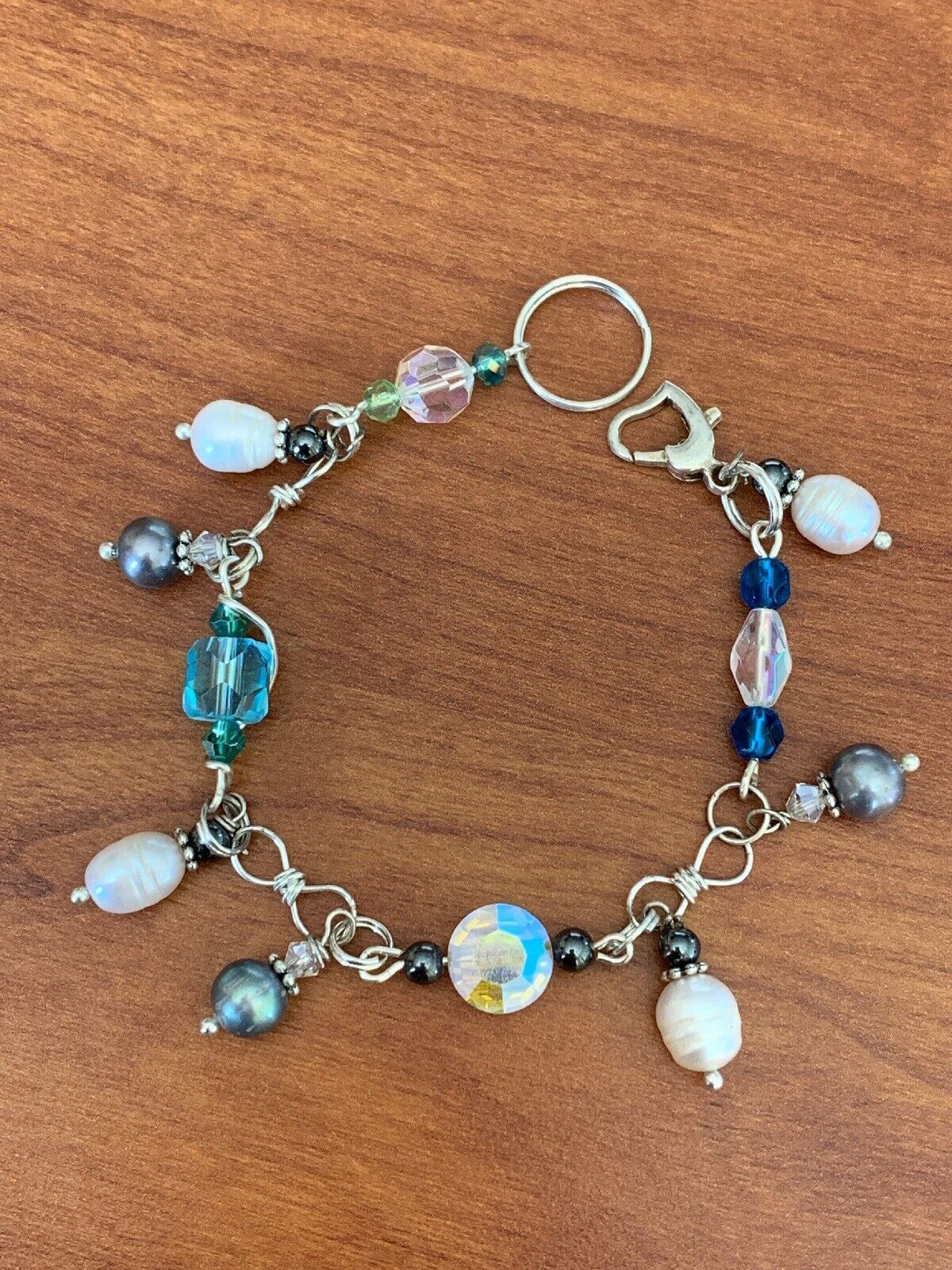 Handmade Bracelet Vtg Crystal Aurora Borealis  freshwater pearl Silver Plated