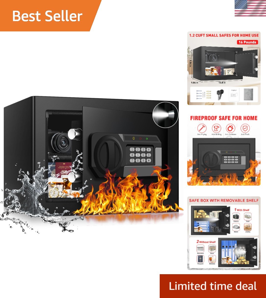 1.2 Cubic Feet Small Fire Safe Box for Home, Fireproof Lock Box, Security Mon...
