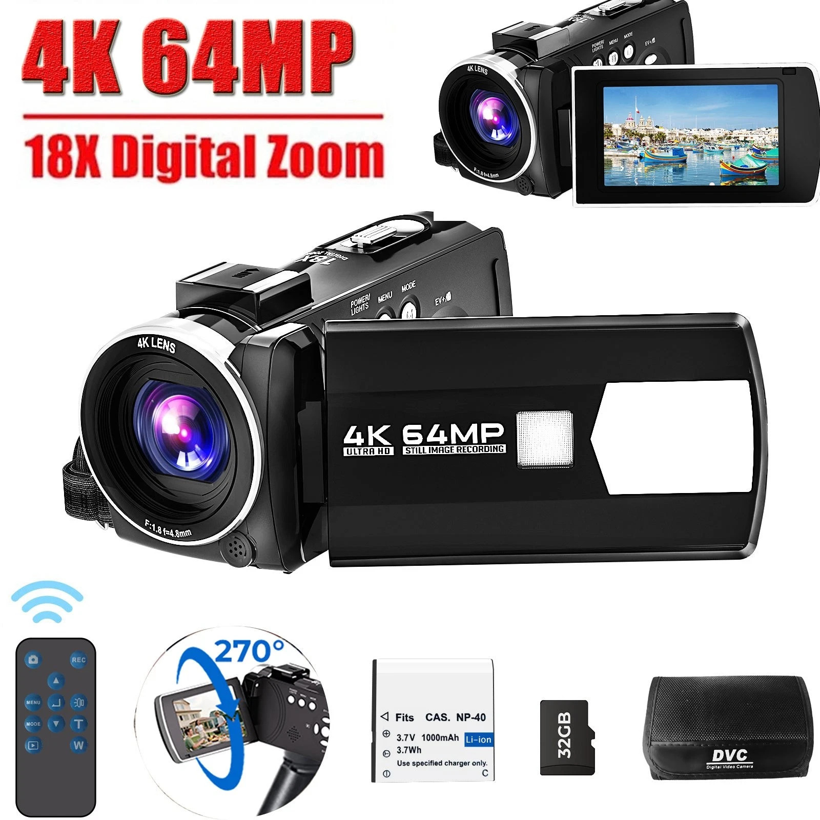 📸Video Camera 4K 64MP Camcorder 18XZoom 270°Screen Vlogging Camera Youtube 32GB