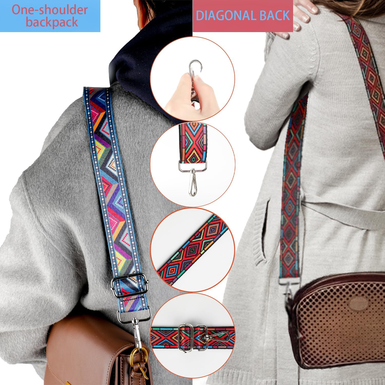 2 PCS Purse Strap, 1.5" Wide Shoulder Strap Adjustable Replacement Retro Multi-p