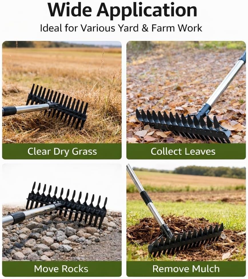 Thatch Rake - 63 Inch Dethatcher Rake with Upgraded Dual-Action Tines, Adjustabl
