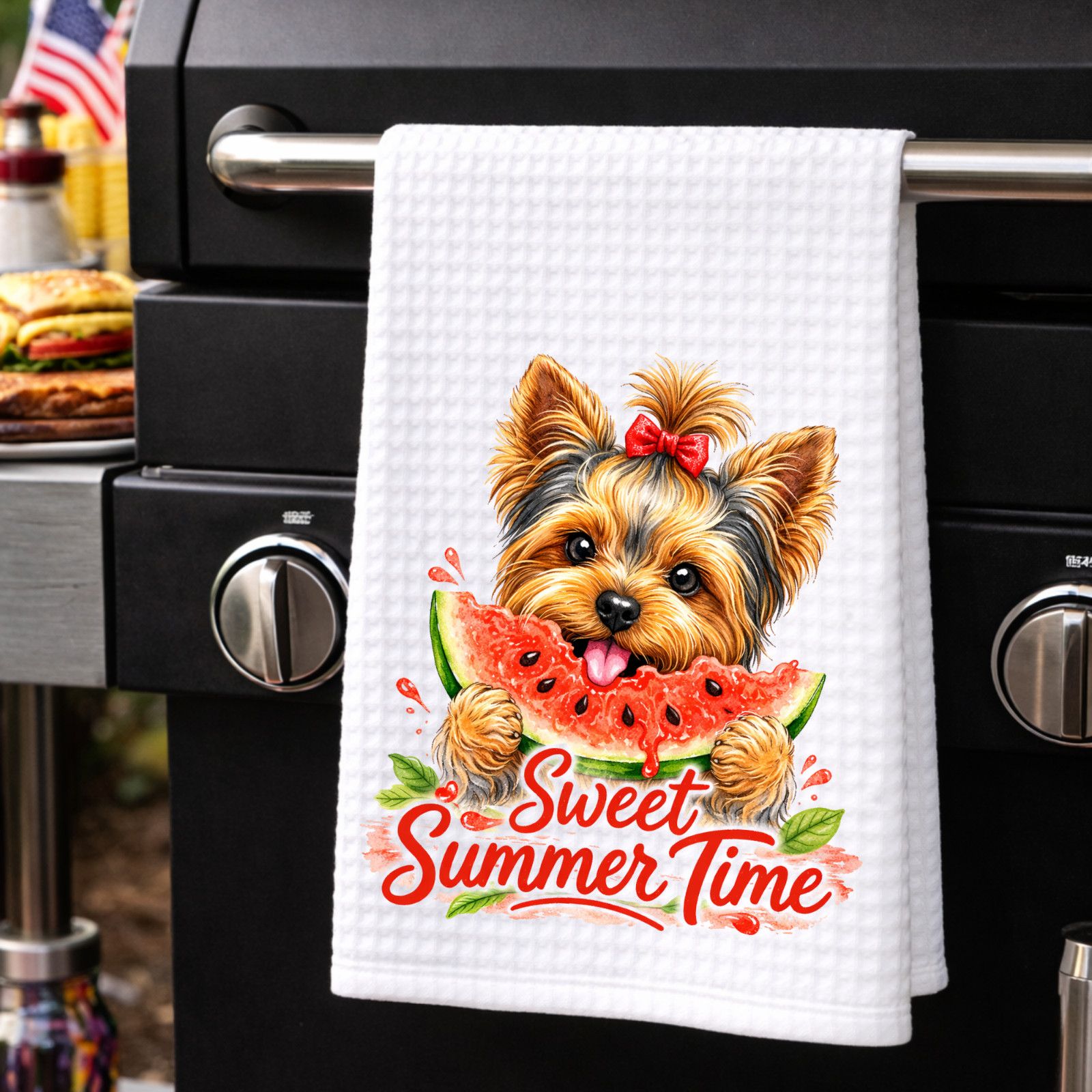 Dog Kitchen Towel Summer Yorkie Watermelon 16x24 Waffle Weave Dog Lover Gift