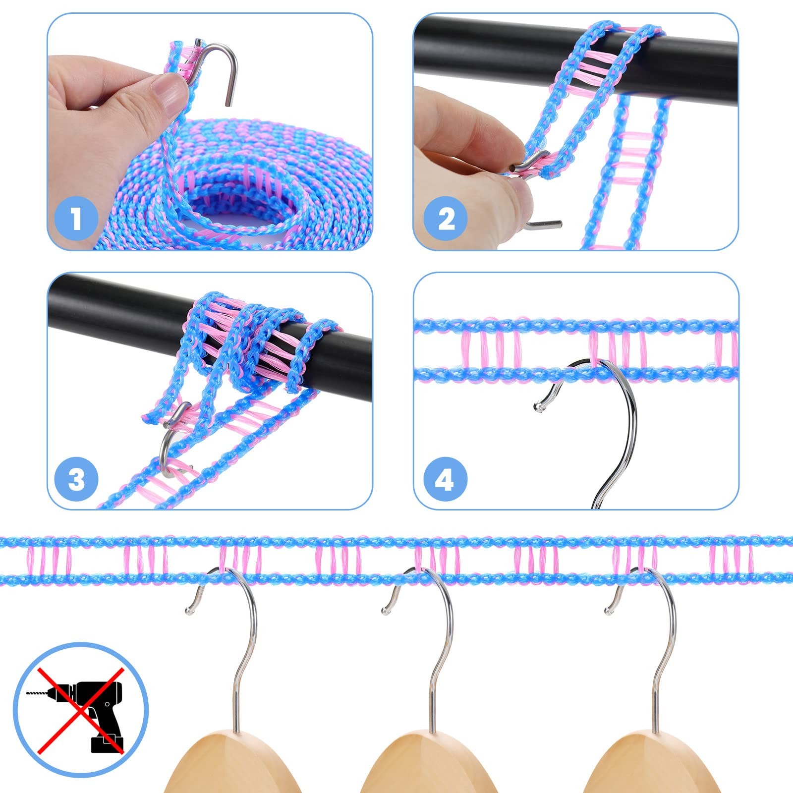 3-Pack Windproof Clothesline with Hooks – Super Strong and Durable, PE Materi...