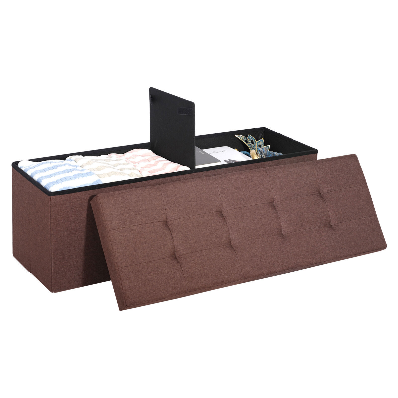Brown Storage Ottoman Bench Foldable W/Lid Foot Rest Stool Entryway Living Room