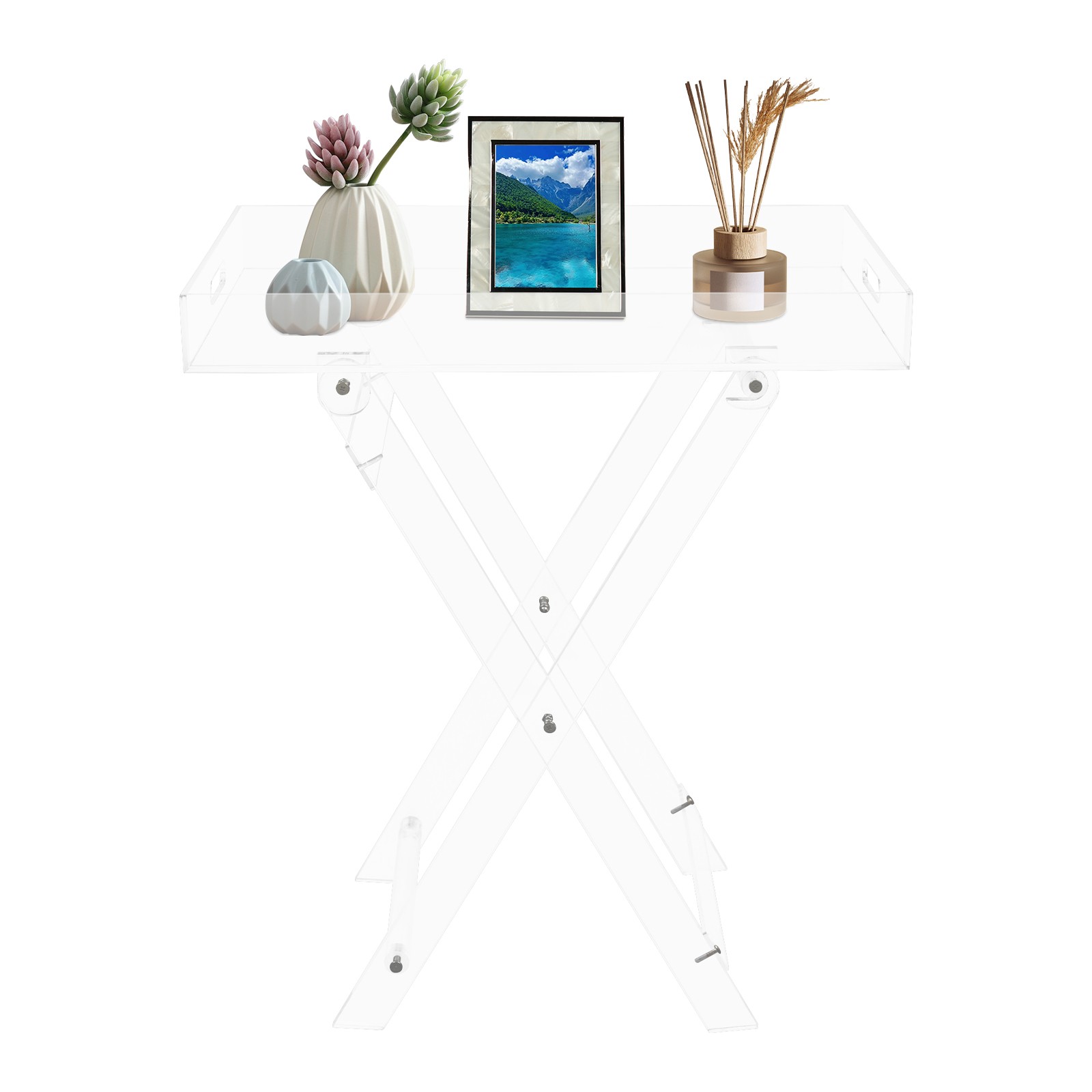 Acrylic Folding Clear Modern Tray Table,Side End Table with Hollowed-out Handles