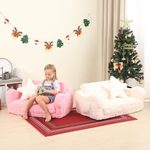Toddler Couch, 2-in-1 Kids Soft Couch Fold Out with Star Large Blush Pink