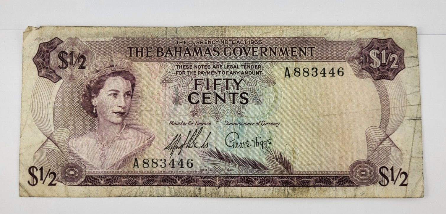 Bahamas Banknote 50 cents 1965 Elizabeth II P17a (Sands and Higgs sign.) CIRC