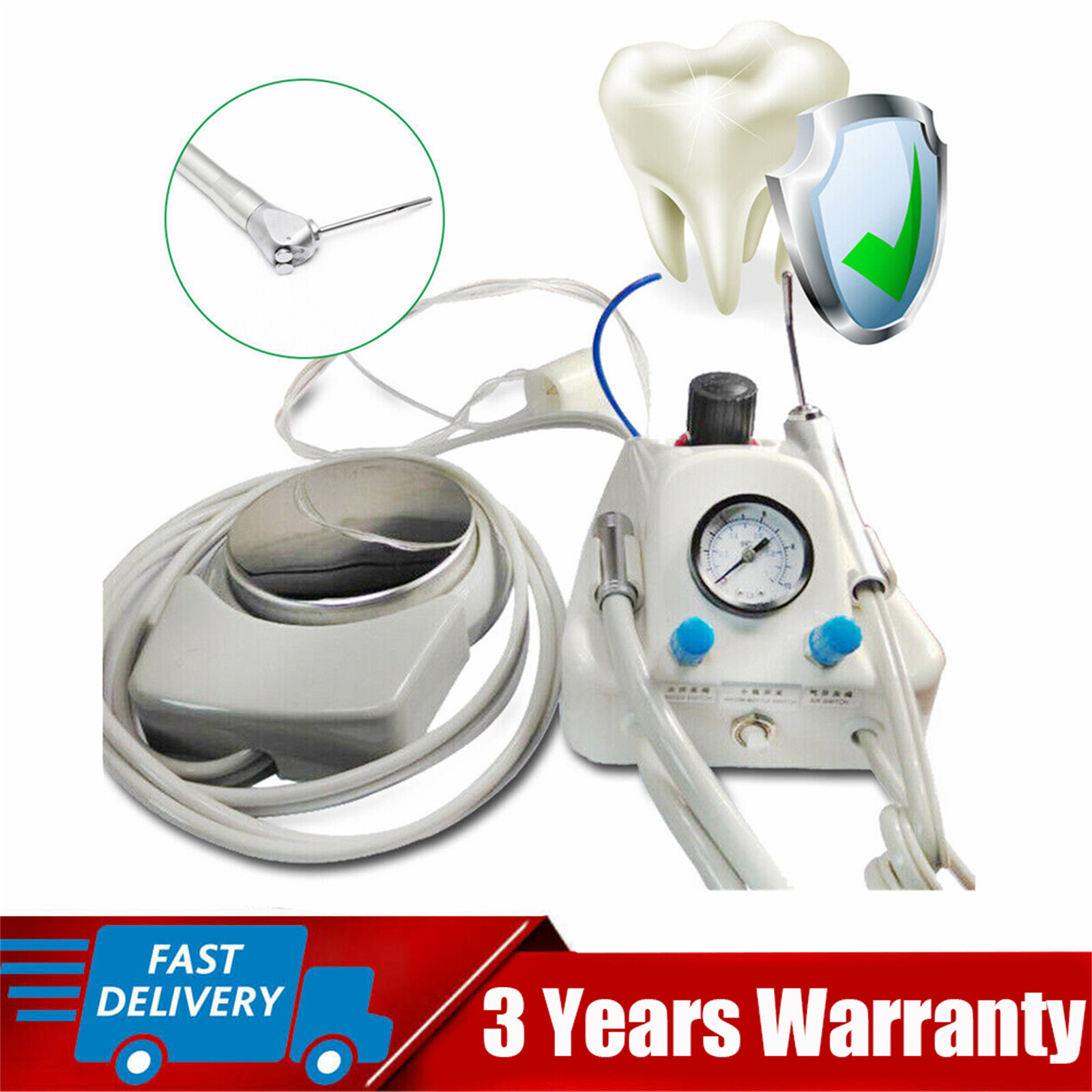 4-Hole Portable Dental Handpiece Compressor Turbine Unit 3 Way Air Water Syringe