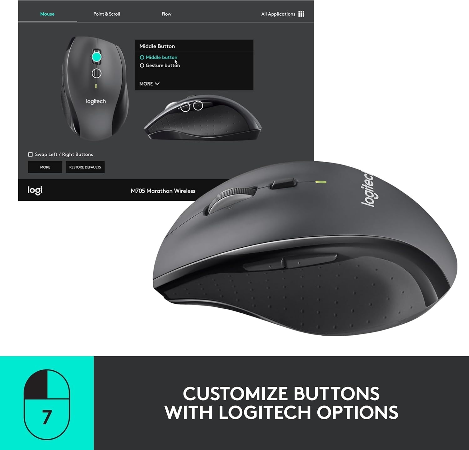 Logitech M705 Marathon Wireless Mouse, Gaming Mouse 2.4GHz Wireless PC Mac Black