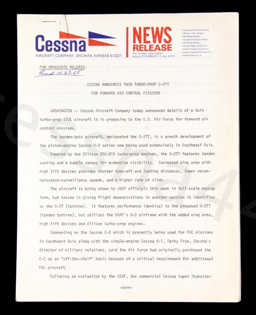 CESSNA News Release Corporate Memo Original 1968 USAF O-2 O-2TT Vietnam 7 Pages