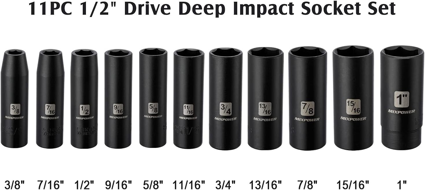Impact Socket Set 11 Pieces Chrome Vanadium Deep SAE 6-Point for Heavy Duty