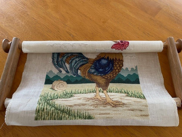 Wooden Embroidery Scroll with Completed Crossstitch Rooster