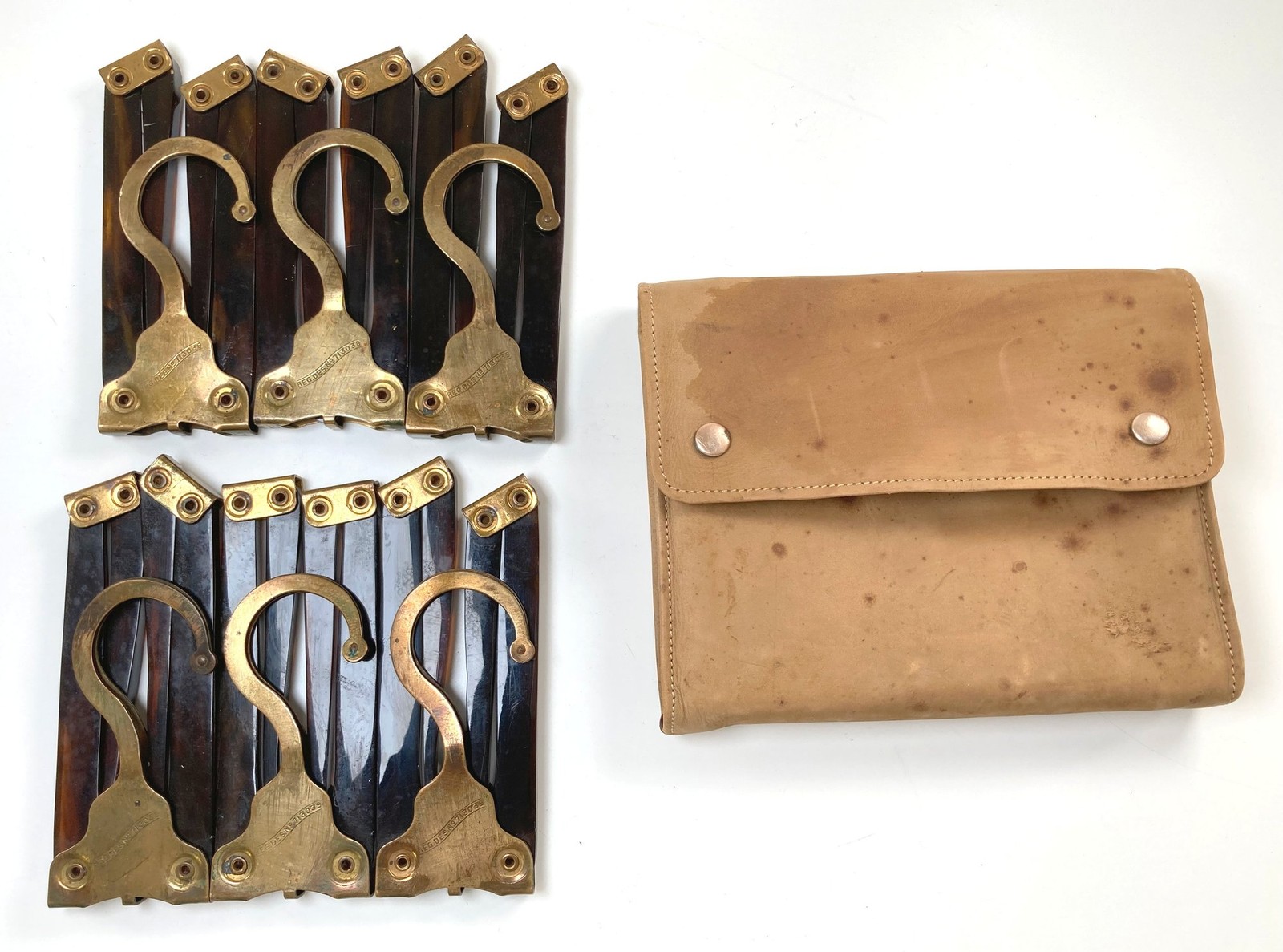 Antique Shell Travel Folding Hangers with Original Suede Case Rare Find