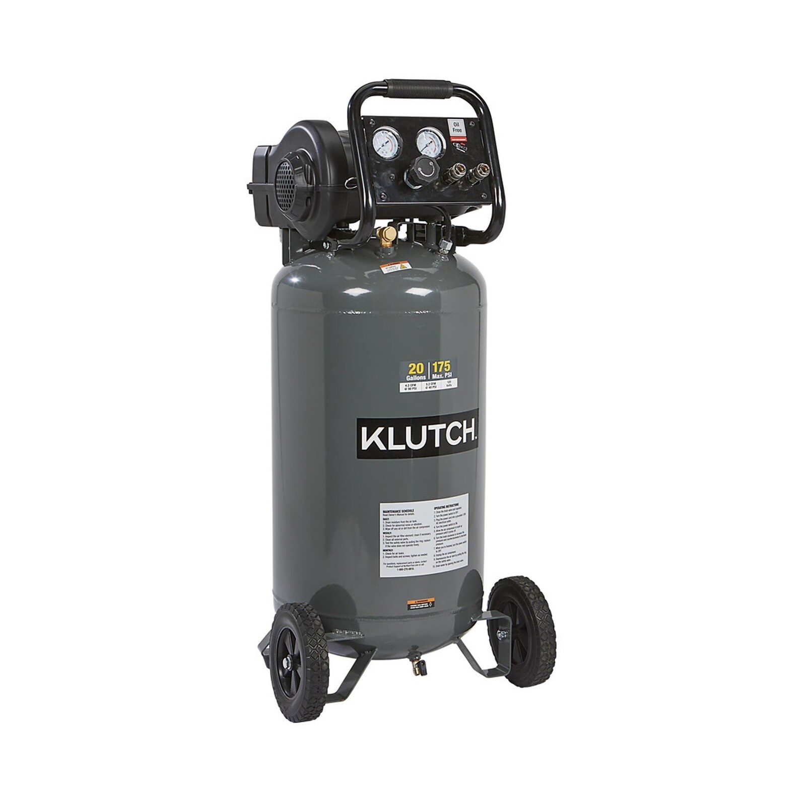 Klutch Portable Air Compressor, Workshop Air Compressor With Oil-Less Pump, 2 HP