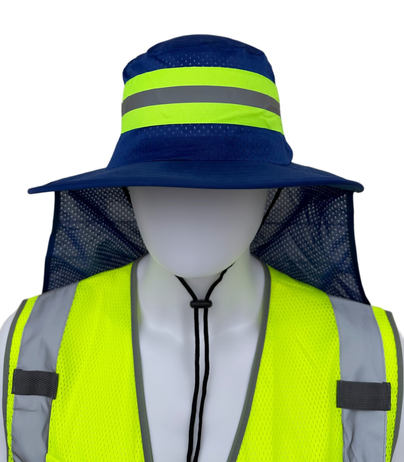 Hi Vis Reflective Work Safety Neck Flap Boonie Hat Blue Bucket Cap