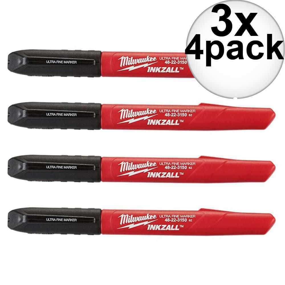 Milwaukee 48-22-3154 INKZALL Black Ultra Fine Point Marker 4 Pack x 3=12 Markers