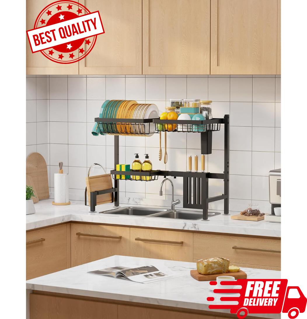 2 Tier Over Sink Dish Drying Rack Adjustable Stainless Steel Black