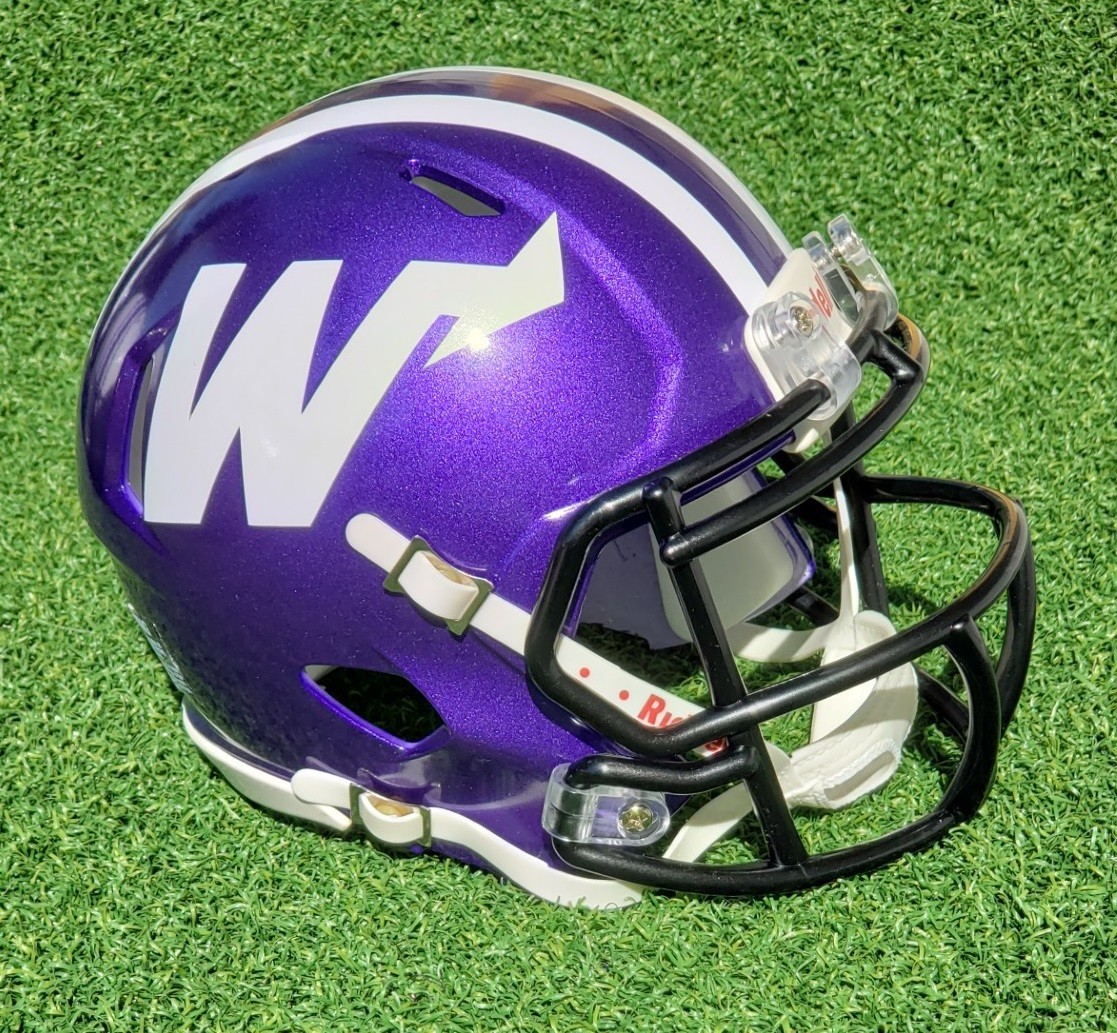 WEBER STATE WILDCATS PURPLE,  "W" LOGO FOOTBALL MINI HELMET W/ STRIPE OPTIONS