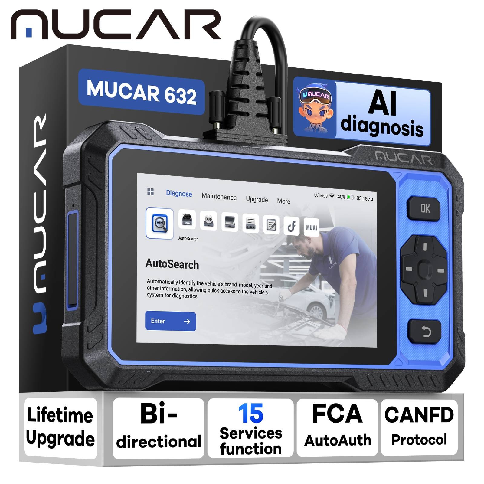 MUCAR 632 AI Auto Diagnostics OBD2 Scanner For Car Engine SRS ABS Life Free 2026