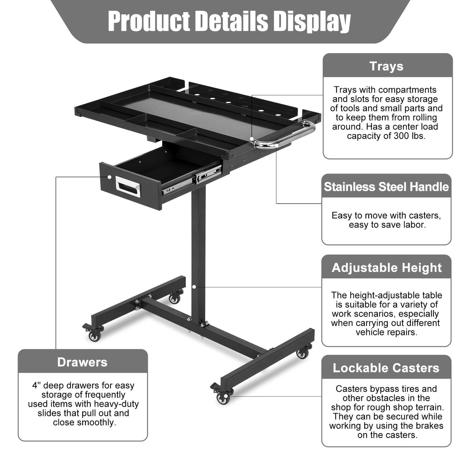 ⭐Heavy-Duty Rolling Tool Cart Garage Mobile Adjustable Workbench 330lb Work Tabl