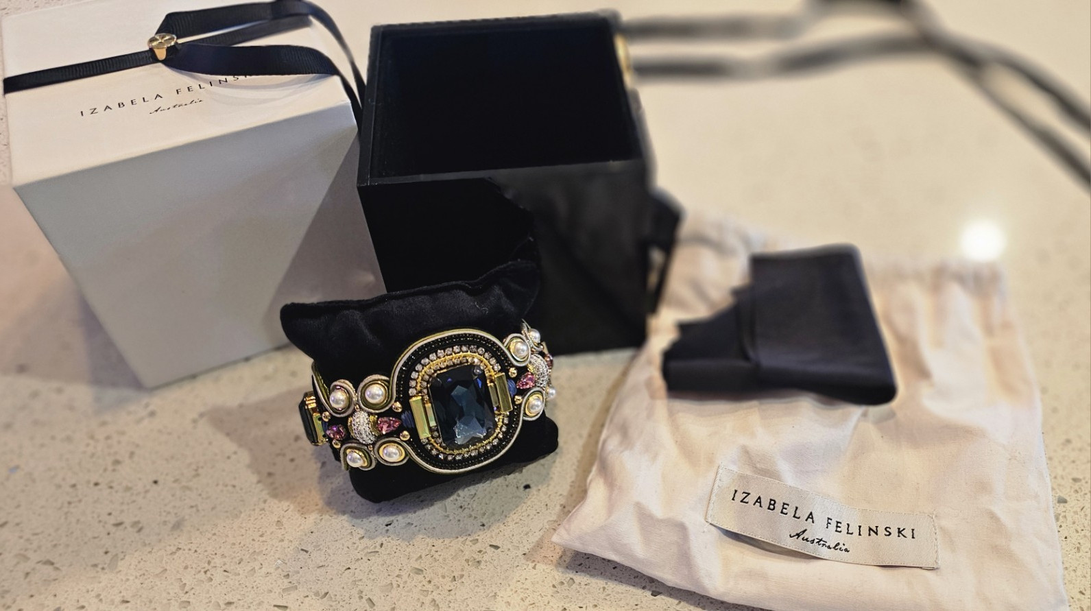 Izabela Felinski Gold Cuff Bracelet Blue Stone Pearls Multicolor Adjustable