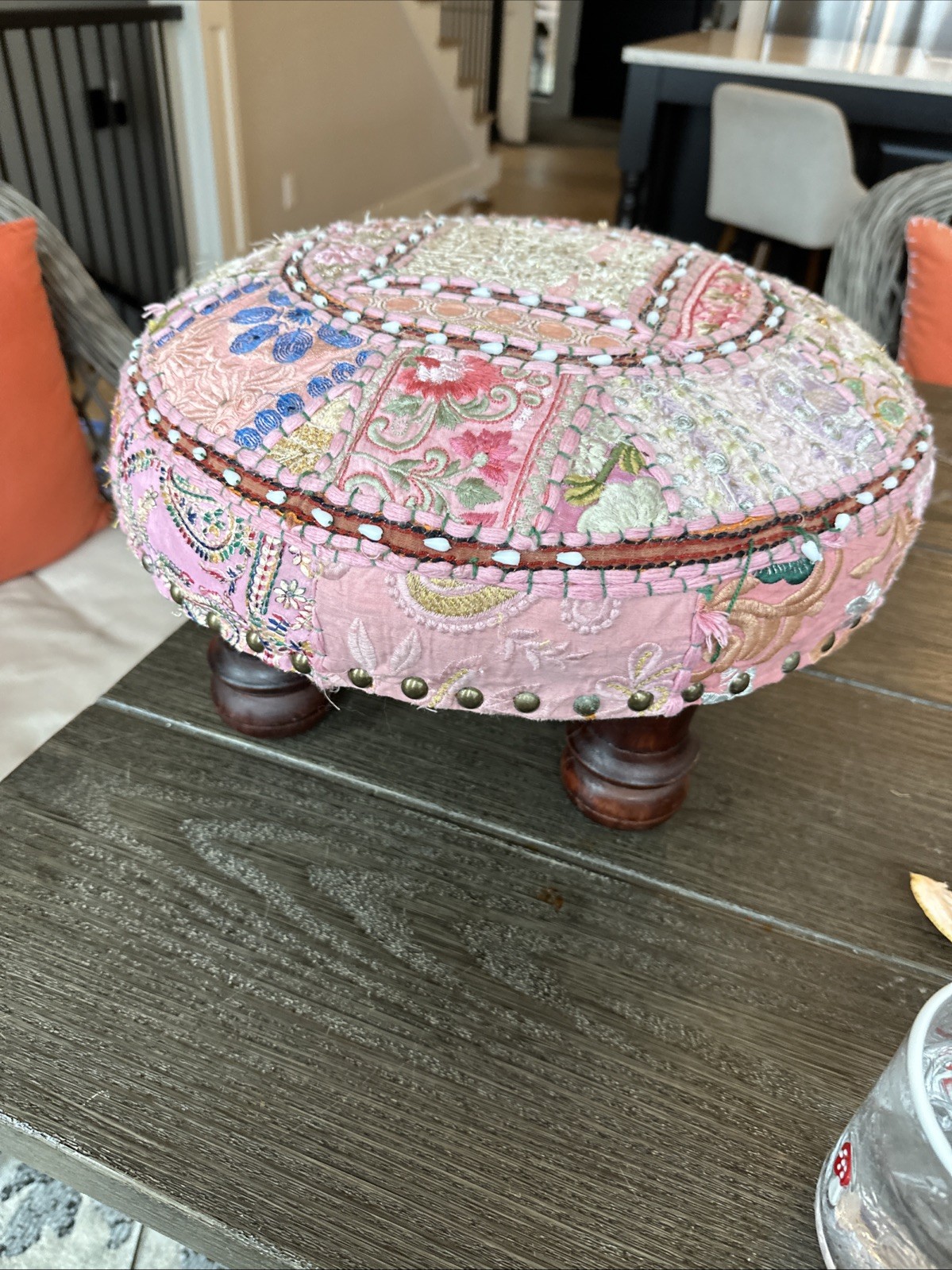 VTG Floral Embroidered Pink Round Foot Stool Ottoman with Cushion & Wooden Legs
