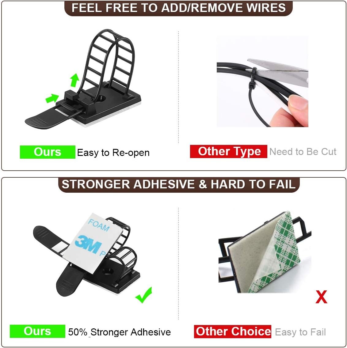50Pcs Adhesive Cable Management Clips with 50Pcs Zip Ties, Adjustable Nylon Cabl