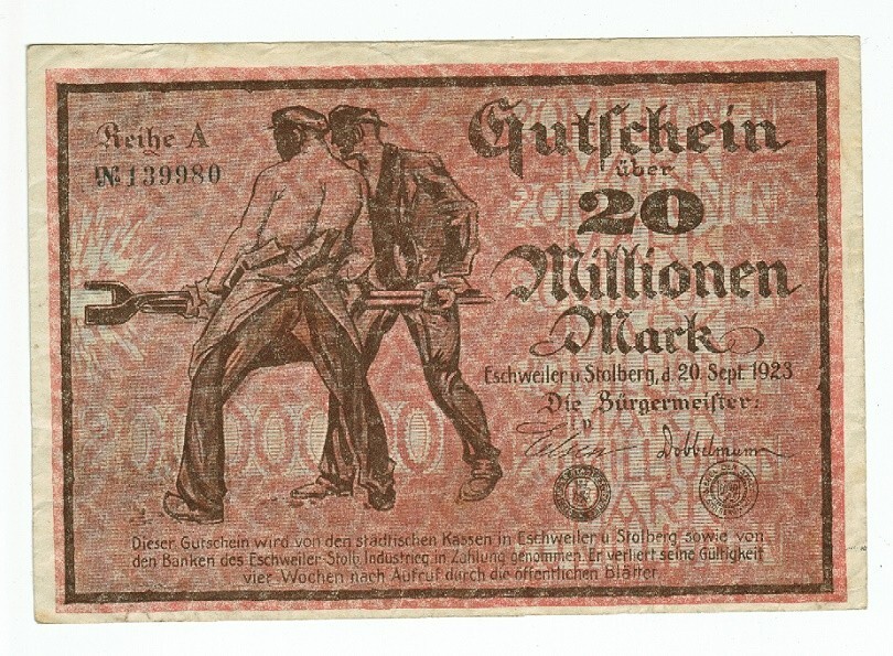 GERMANY BANKNOTE 20 MILLION MARK STOLBERG 1923