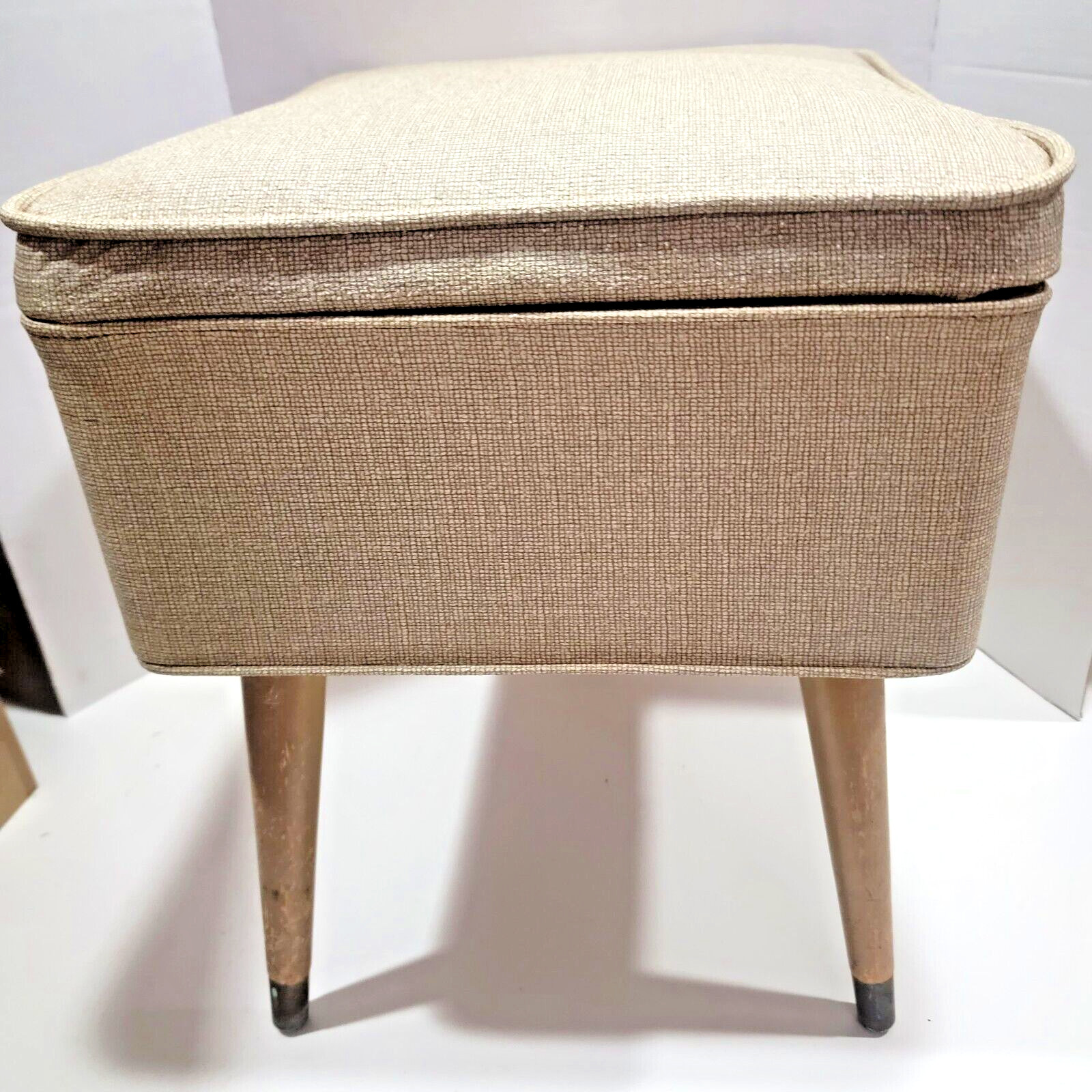 Vintage Beige Vinyl Sewing Seat Hassock Ottoman w/Storage