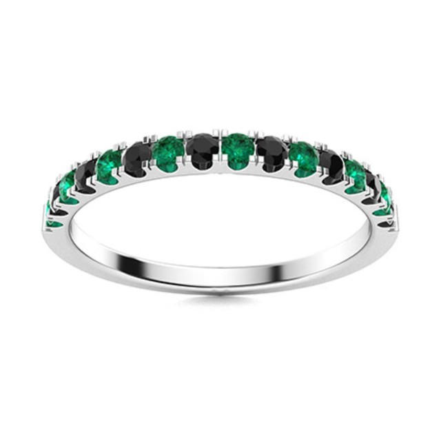 925 Sterling Silver 2MM Round Natural Black Spinel & Emerald Half Eternity Ring