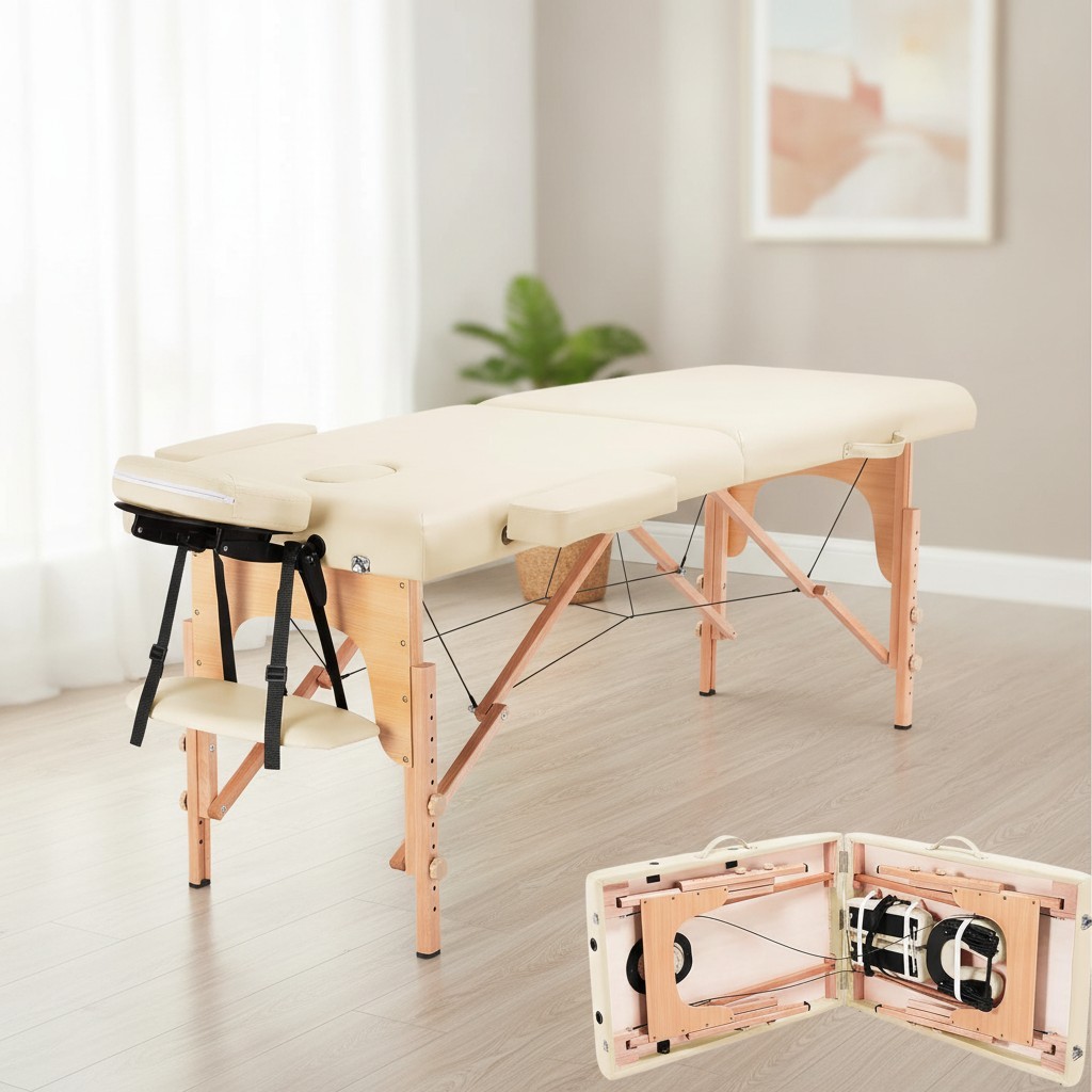 84" Portable Massage Table - Cream Folding Lash Bed with Adjustable Height