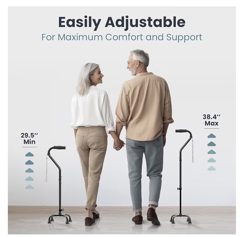 Pelegon Quad Cane Adjustable Height Lightweight Sturdy Black 300 lb