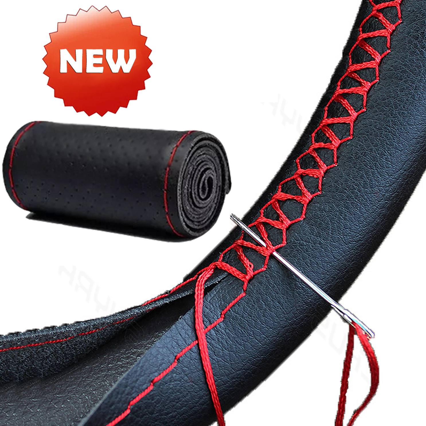 14 inch Black Car Steering Wheel Cover Leather With Needle Thread Hand Stitched