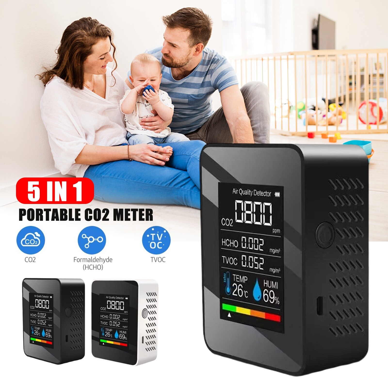 Portable 5 in1 CO2 Meter Air Quality Monitor TVOC HCHO Carbon Dioxide Detector