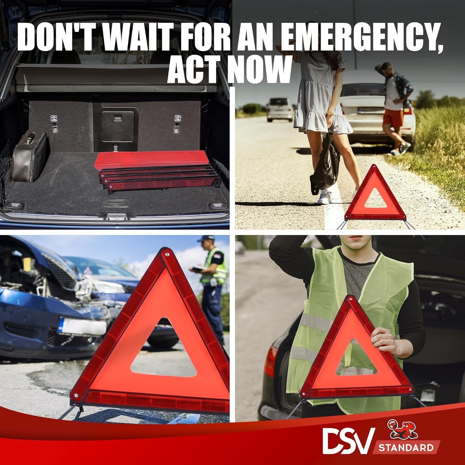 Compact Reflective Emergency Vehicle Warning Triangles (3-Pack)