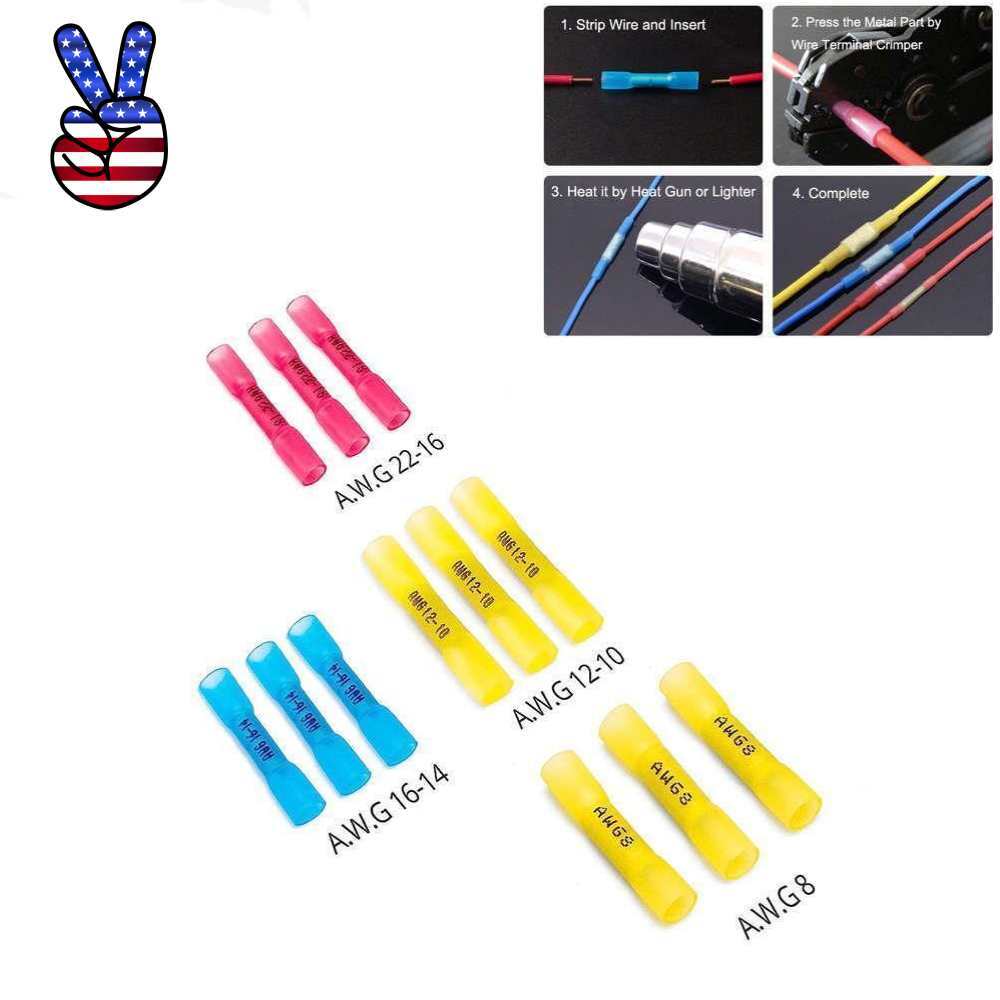 22-8AWG Heat Shrink Butt Connectors Marine Crimp Wire Splice Terminals 200-10PCS