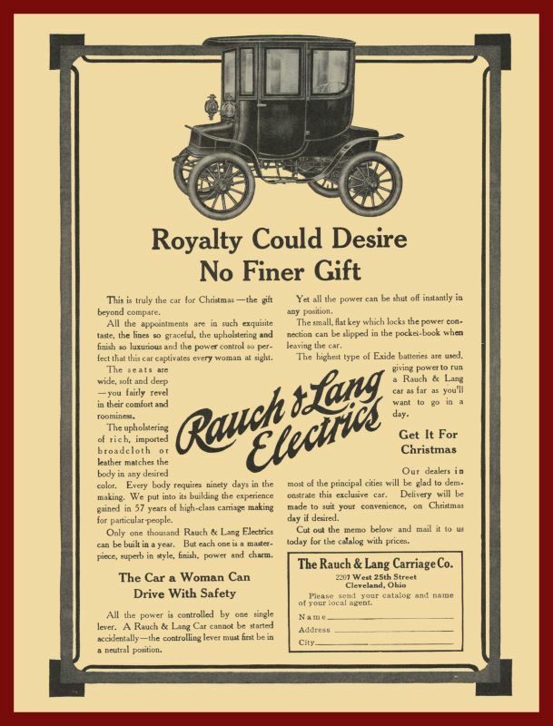 1909 Rauch & Lang Carriage Co. NEW Metal Sign: Electric Cars for Women Drivers