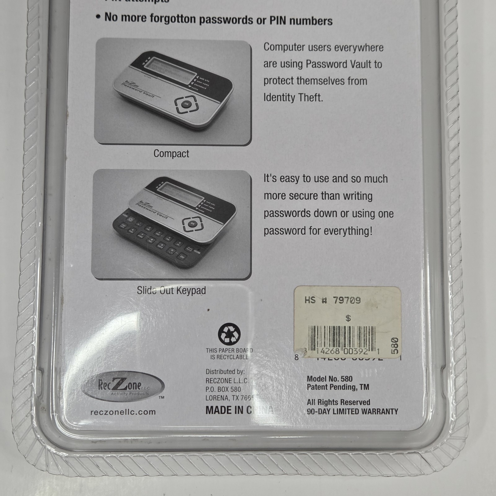 Password Vault 580 Secure Electronic Password Storage RecZone - New Sealed