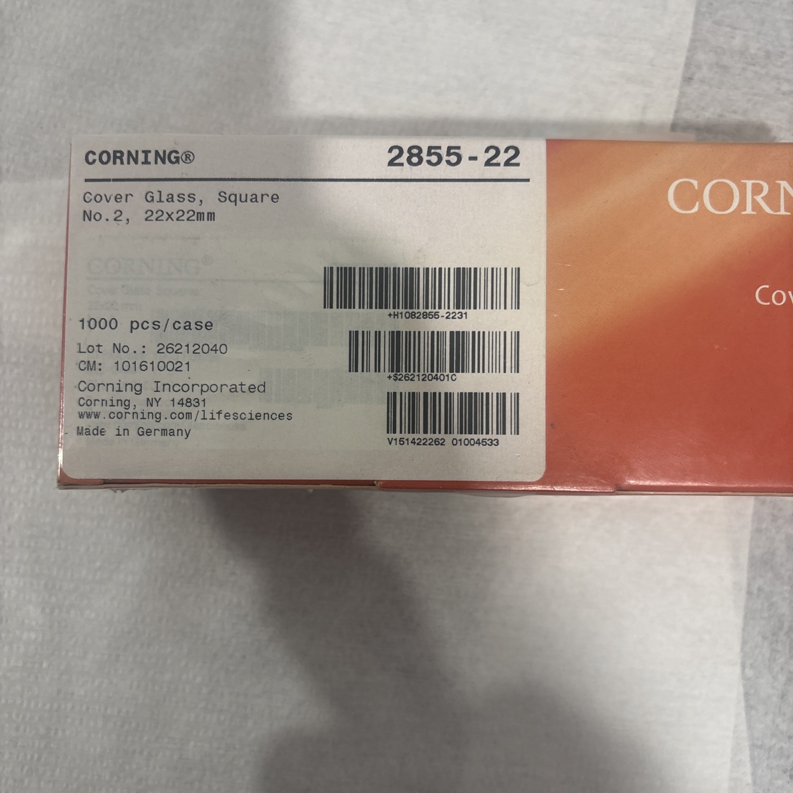 Corning 2855-22, Cover Glass Square No.2, 22x22mm (case of 1000)