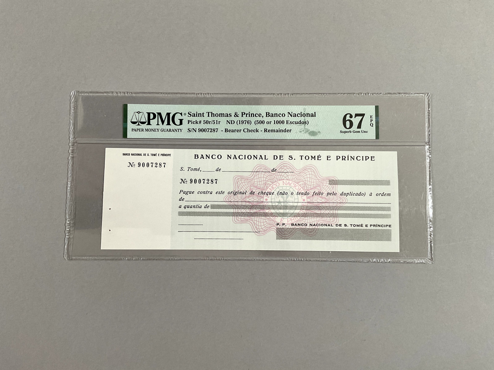 Saint Thomas & Prince 500 or 1,000  Escudos P-50r/51r  ND(1976)  PMG 67 EPQ