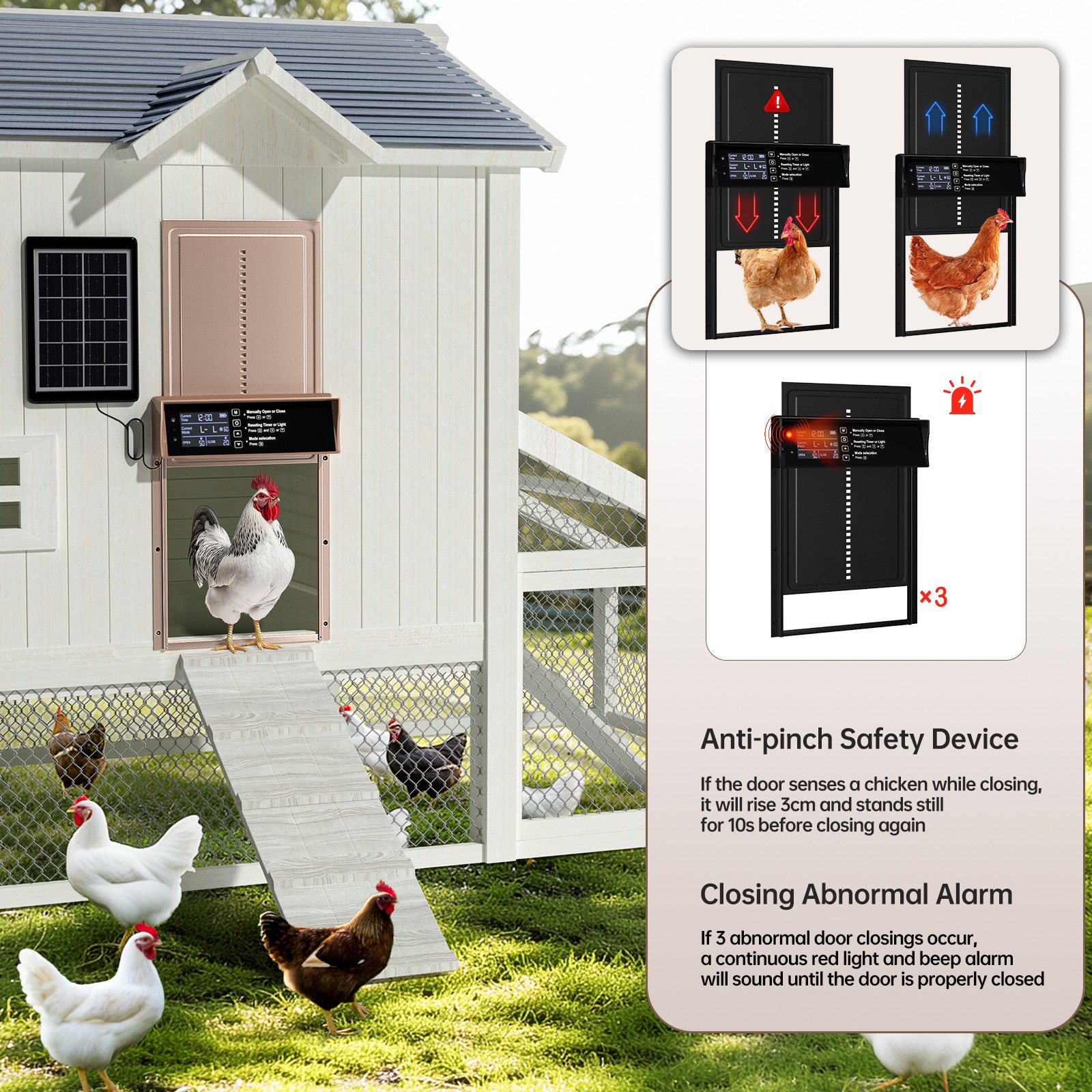 Solar Automatic Chicken Coop Door w/Timer Light Sensor Anti-Pinch Remote Control