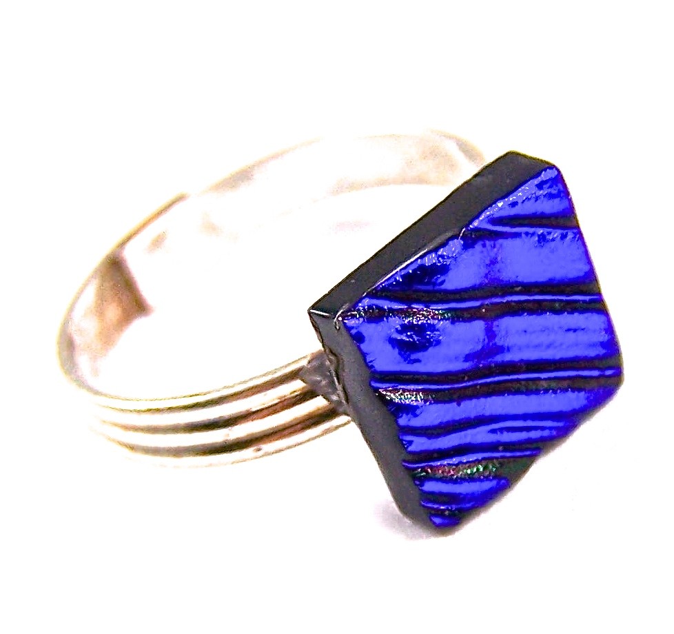 Dichroic Glass Ring Adjustable Blue Sapphire Royal Stripes Patterned Tiny 10mm