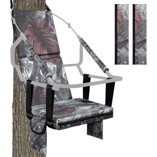 Portable Folding Tree Stand Hunting Seat w/ Backrest Adjustable Camo Cushion Pad
