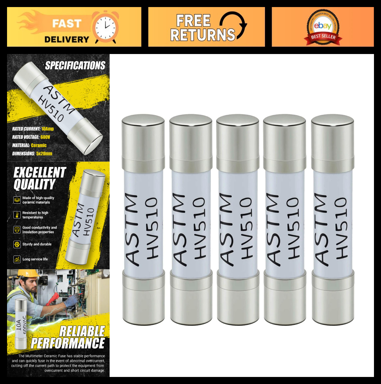 5Pcs Ceramic Fuse for Digital Multimeter 10A 600V 5x20mm - HV510 Compatible
