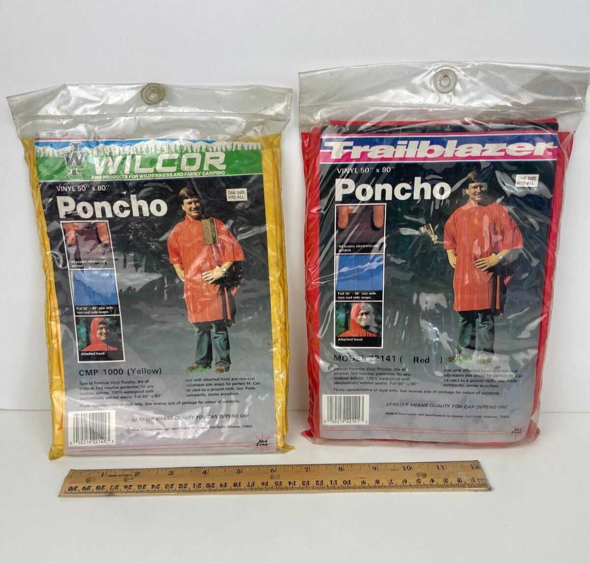 Vtg 2 Vinyl Ponchos Red Yellow in Orig Packaging Prop Trailblazer Wilcor Adult