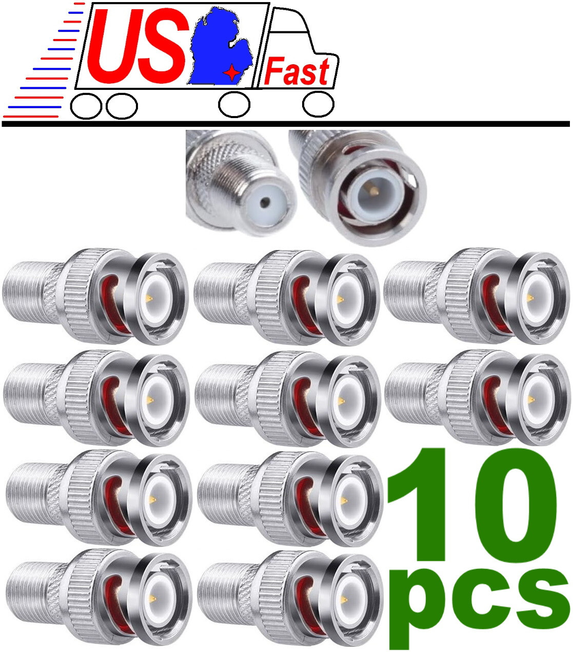 10 Pcs F Female to BNC Male Coax RF Connector RG6 RG59 Adapter Lot10pack