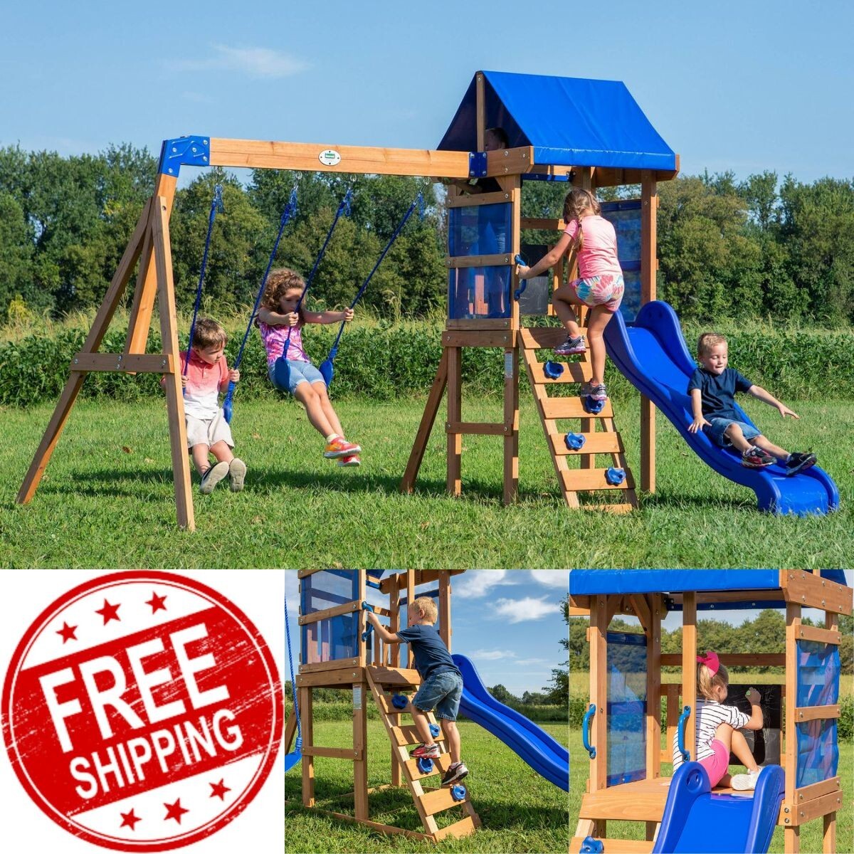 Kids Outdoor Cedar Wood Swing Set Play Set With Clubhouse Slide Rock Wall Ladder