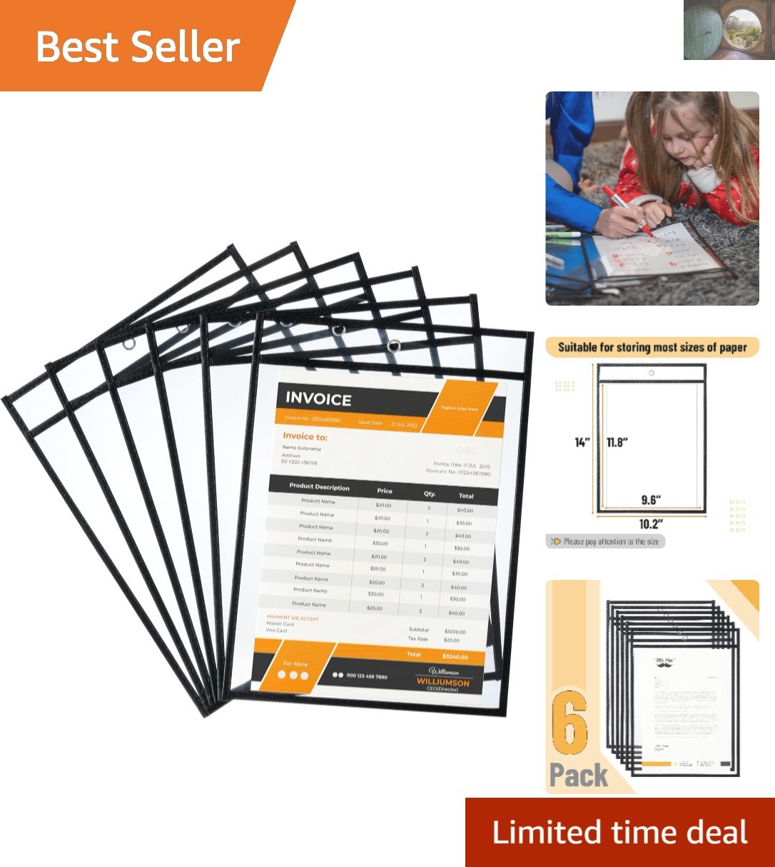Versatile 6-Pack Black Shop Ticket Holders - 10.2 x 14 Inches, Hang Easily
