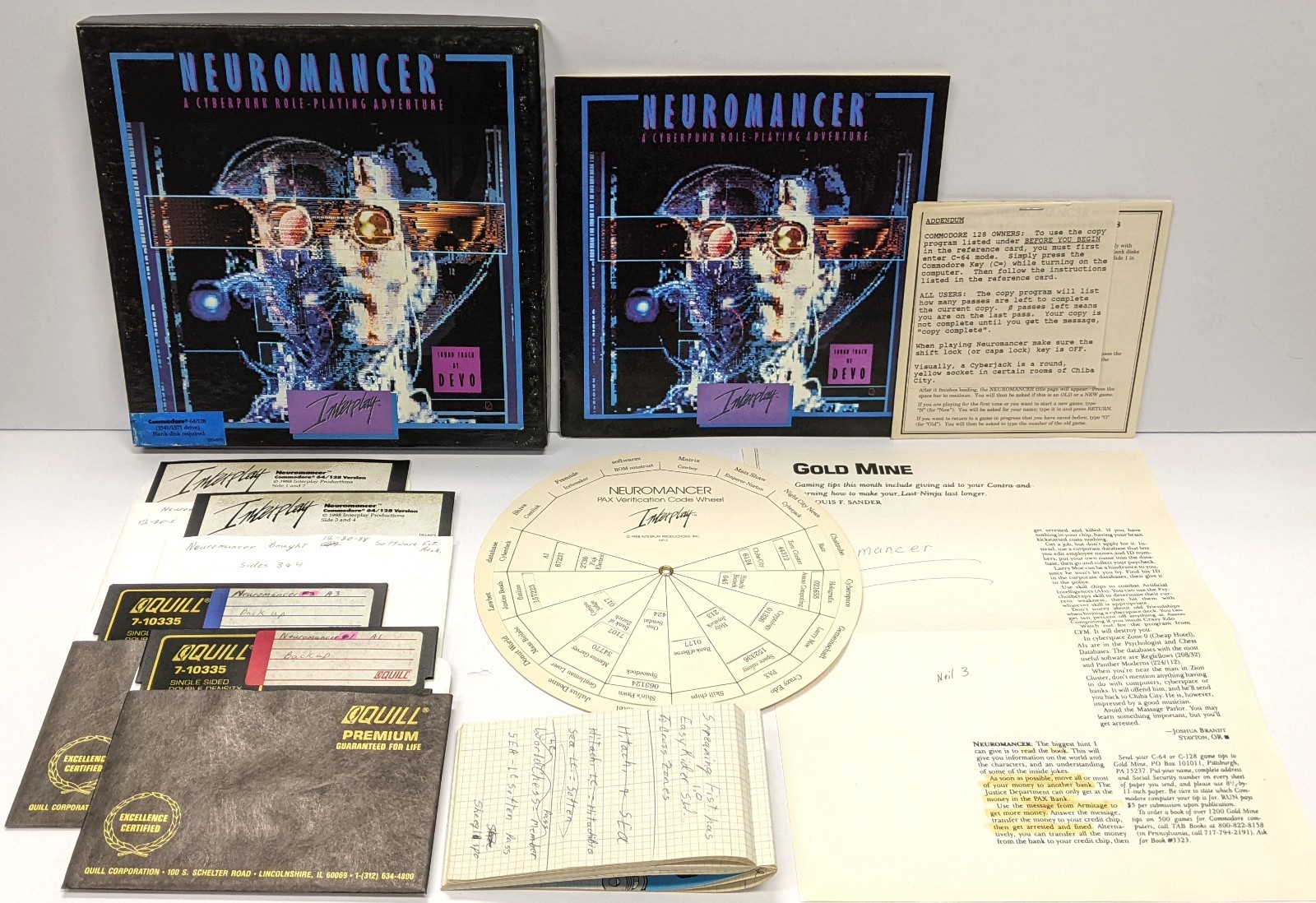 Neuromancer (1988) Commodore 64/128 C64 5.25" Tested w/ Code Wheel **Complete**