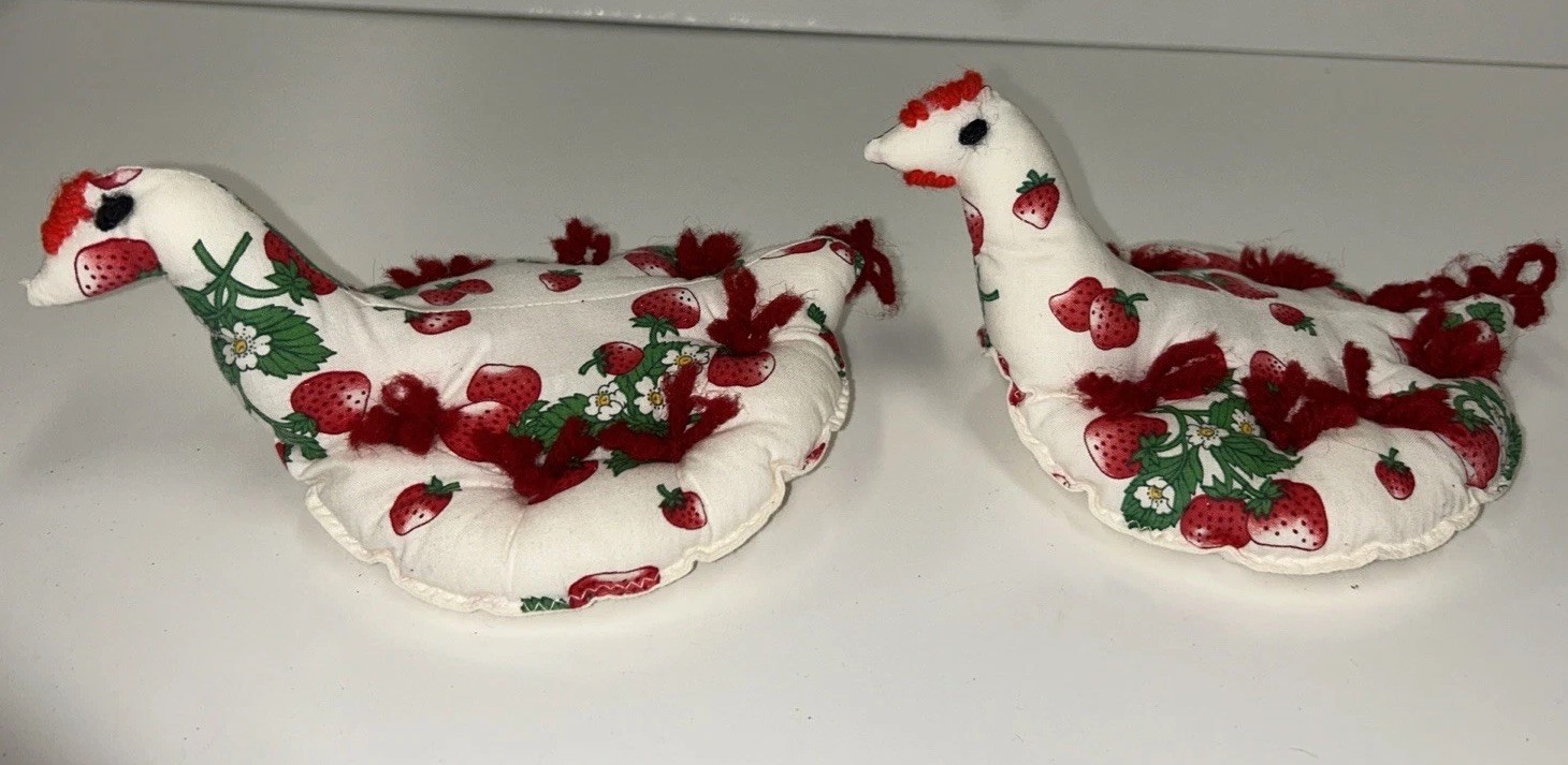 Set of two vintage fabric handmade chickens With strawberry Pattern